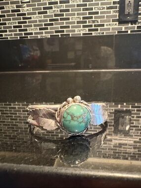Turquoise Stone Silver Feather Cuff Bracelet - Women Jewelry